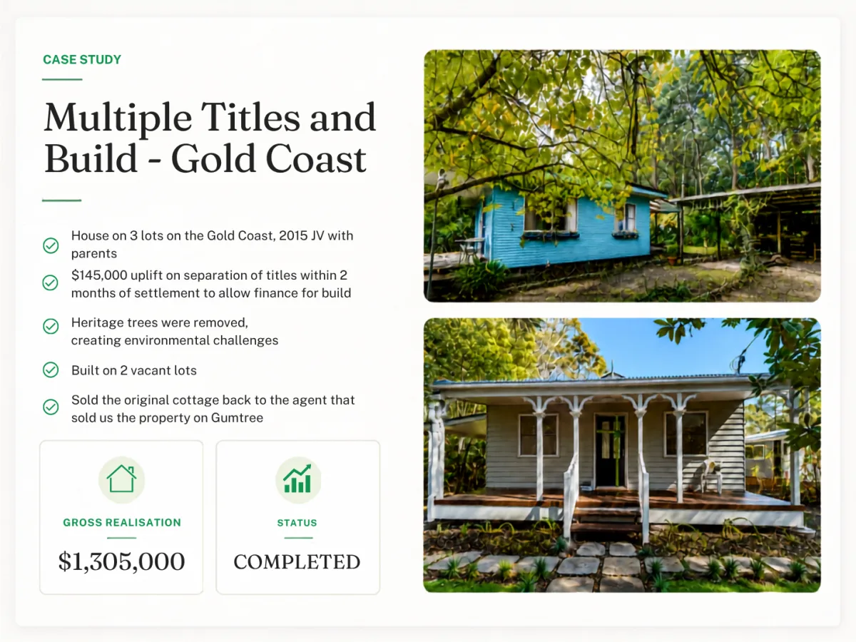 Multiple titles and build - Gold Coast - project summary with costs, duration and net profit