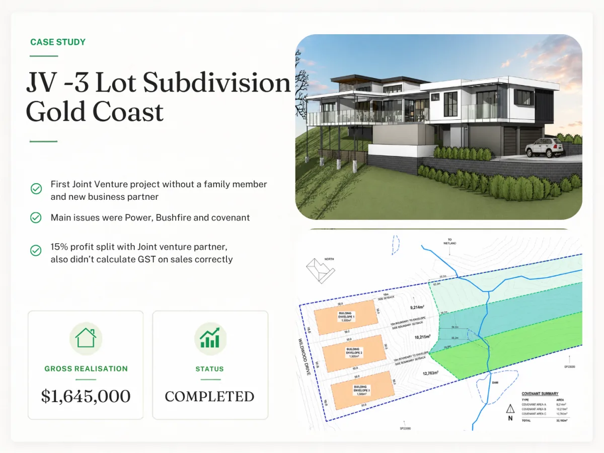 JV -3 Lot Subdivision Gold Coast - project summary with costs, duration and net profit