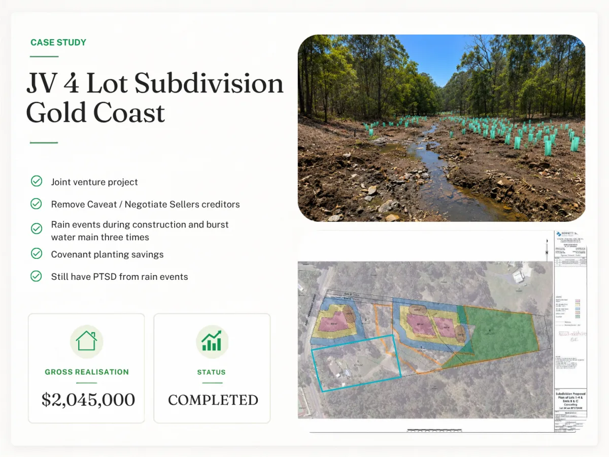 JV 4 Lot Subdivision Gold Coast - project summary with costs, duration and net profit