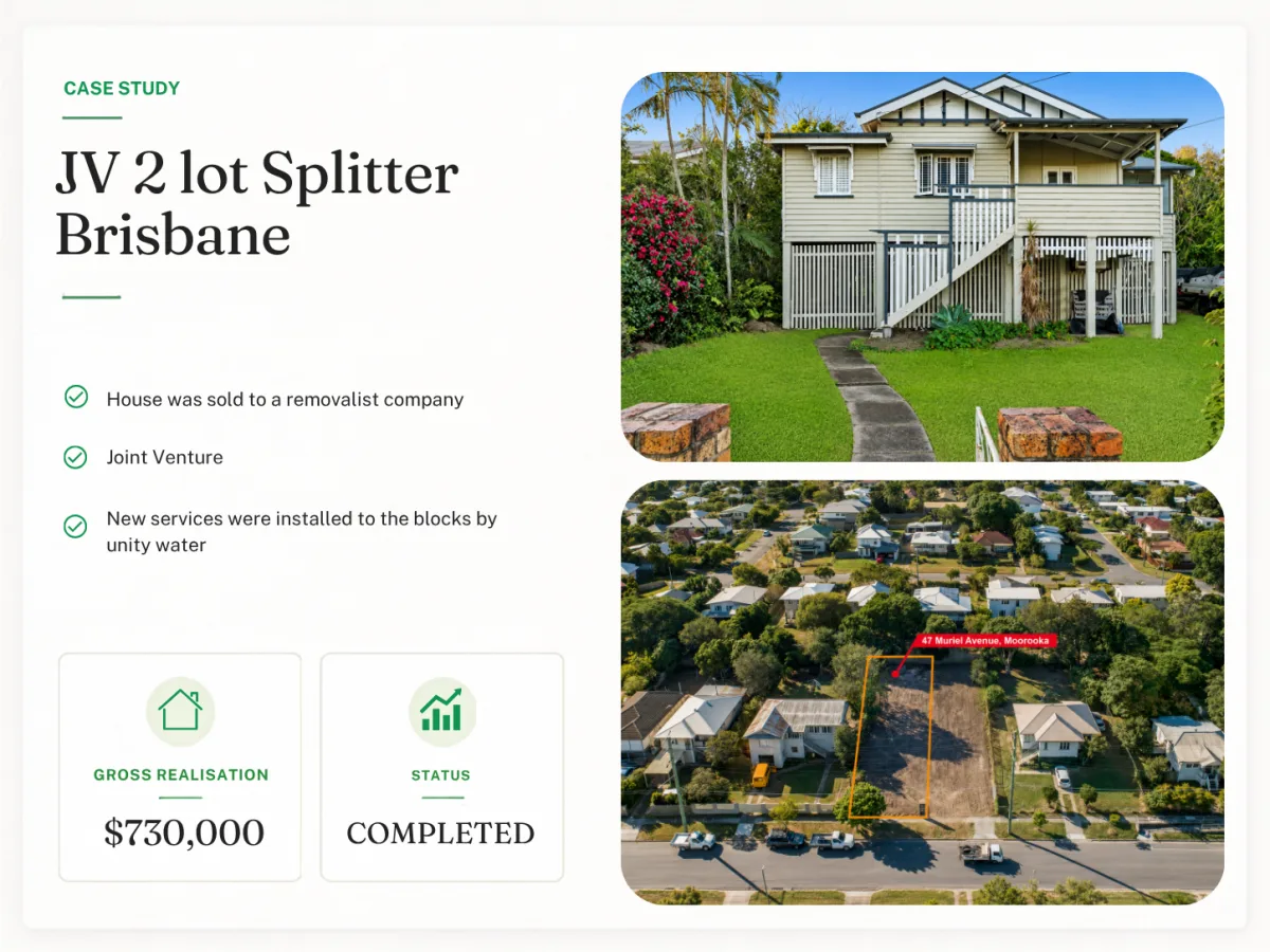 JV 2 lot Splitter Brisbane - project summary with costs, duration and net profit