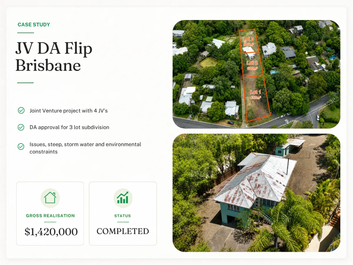 JV DA Flip Brisbane - project summary with costs, duration and net profit