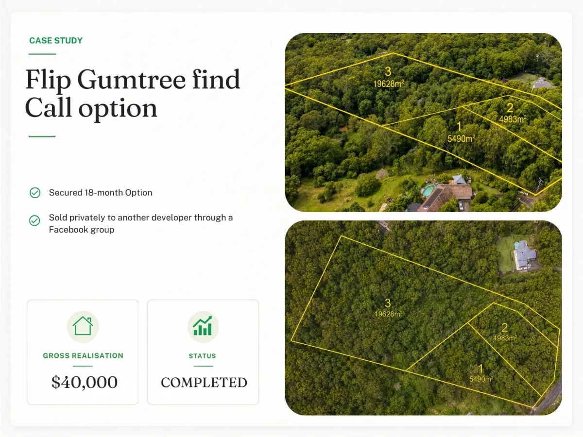 Flip - Gumtree find, Call option - project summary with costs, duration and net profit
