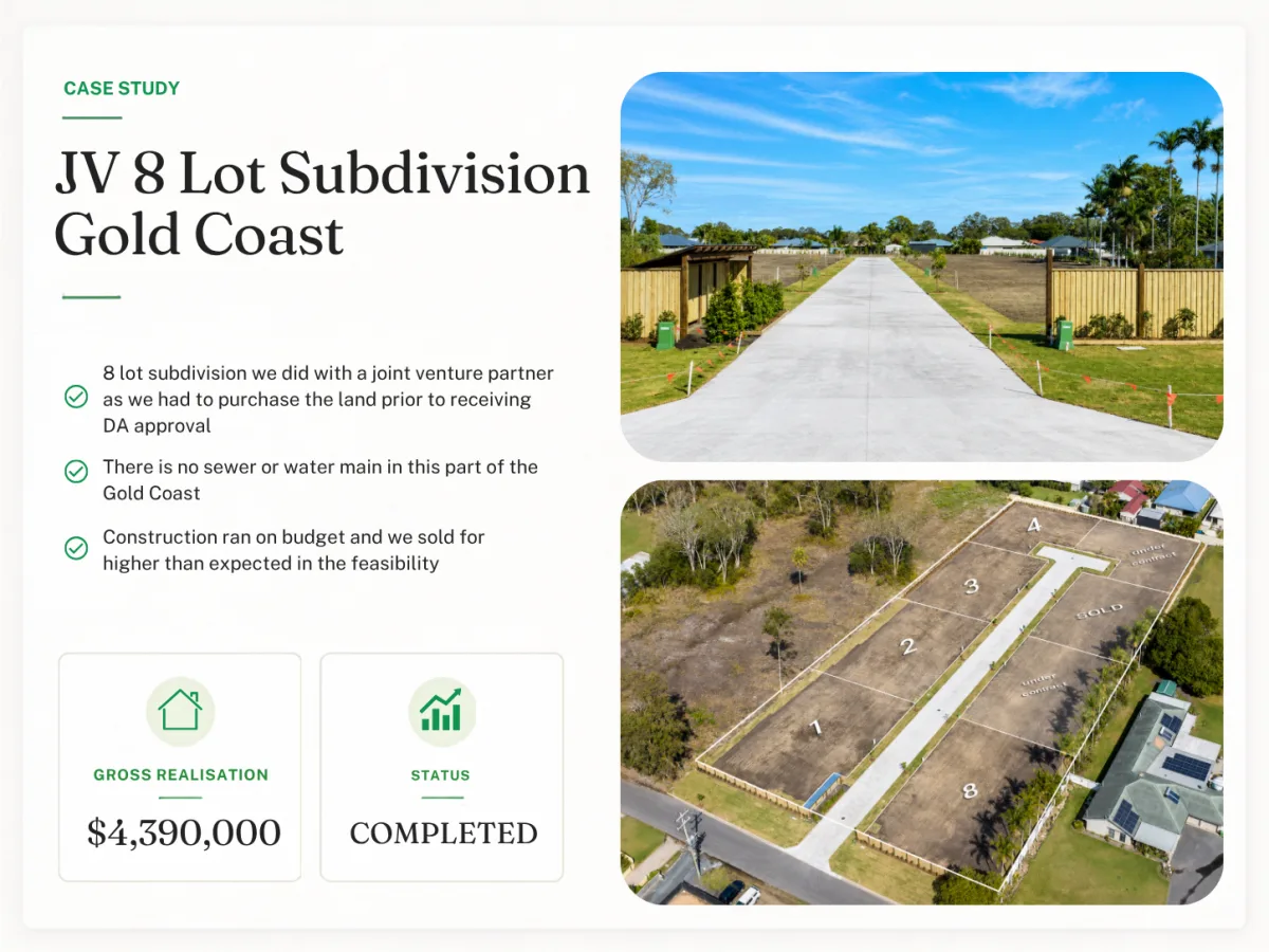 JV 8 Lot Subdivision Gold Coast - project summary with costs, duration and net profit
