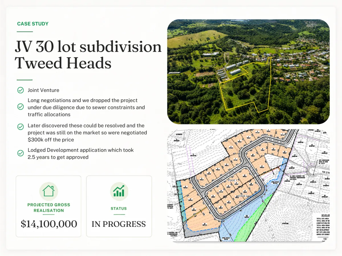 JV 30 lot subdivision Tweed Heads - project summary with costs, duration and net profit