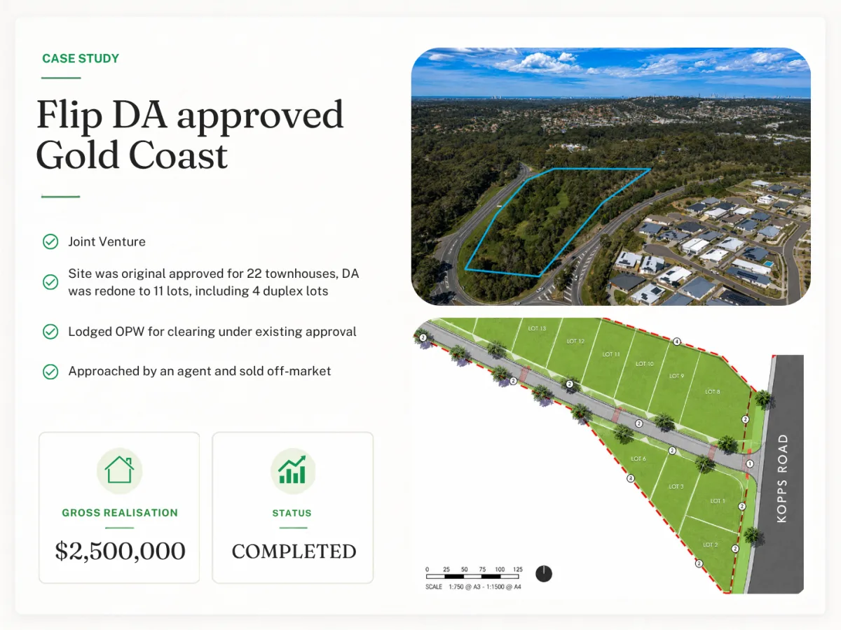 Flip - DA approved Gold Coast - project summary with costs, duration and net profit