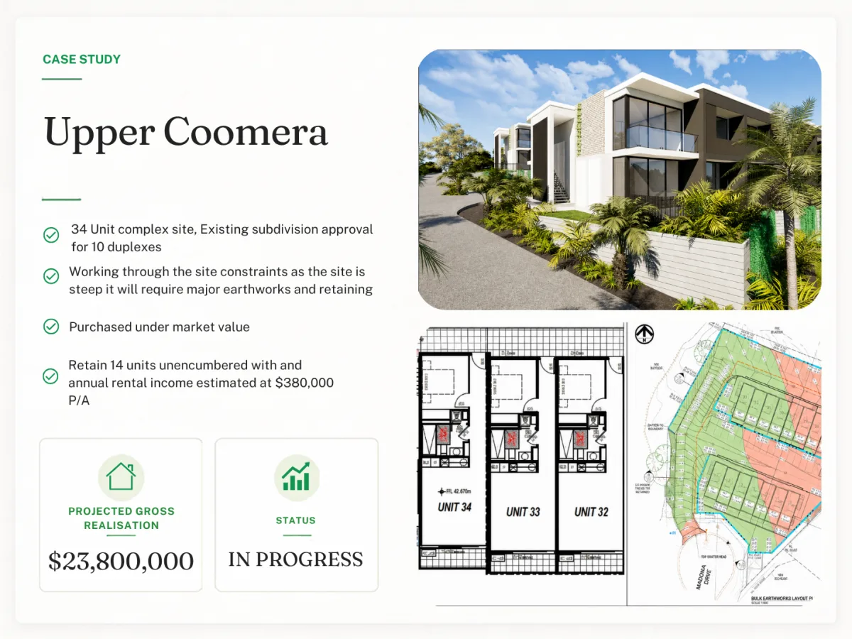Upper Coomera - project summary with costs, duration and net profit