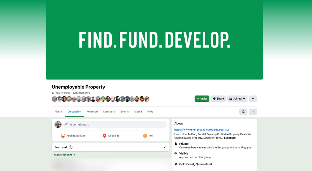 The FIND. FUND. DEVELOP group on Facebook: a private group with 3.1K members, based on the Gold Coast, Queensland