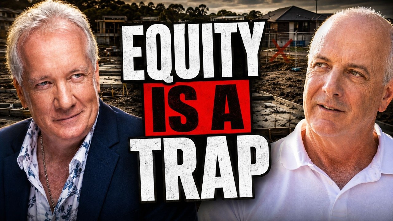Why Equity Can Trap Property Investors Instead Of Building Wealth - two men either side of a muddy housing estate of half-poured slabs, under the overlay text Equity Is A Trap.