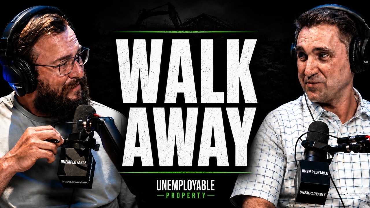 Two men in headphones facing each other across studio microphones, an excavator working a cleared site behind them, under the overlay text Walk Away.