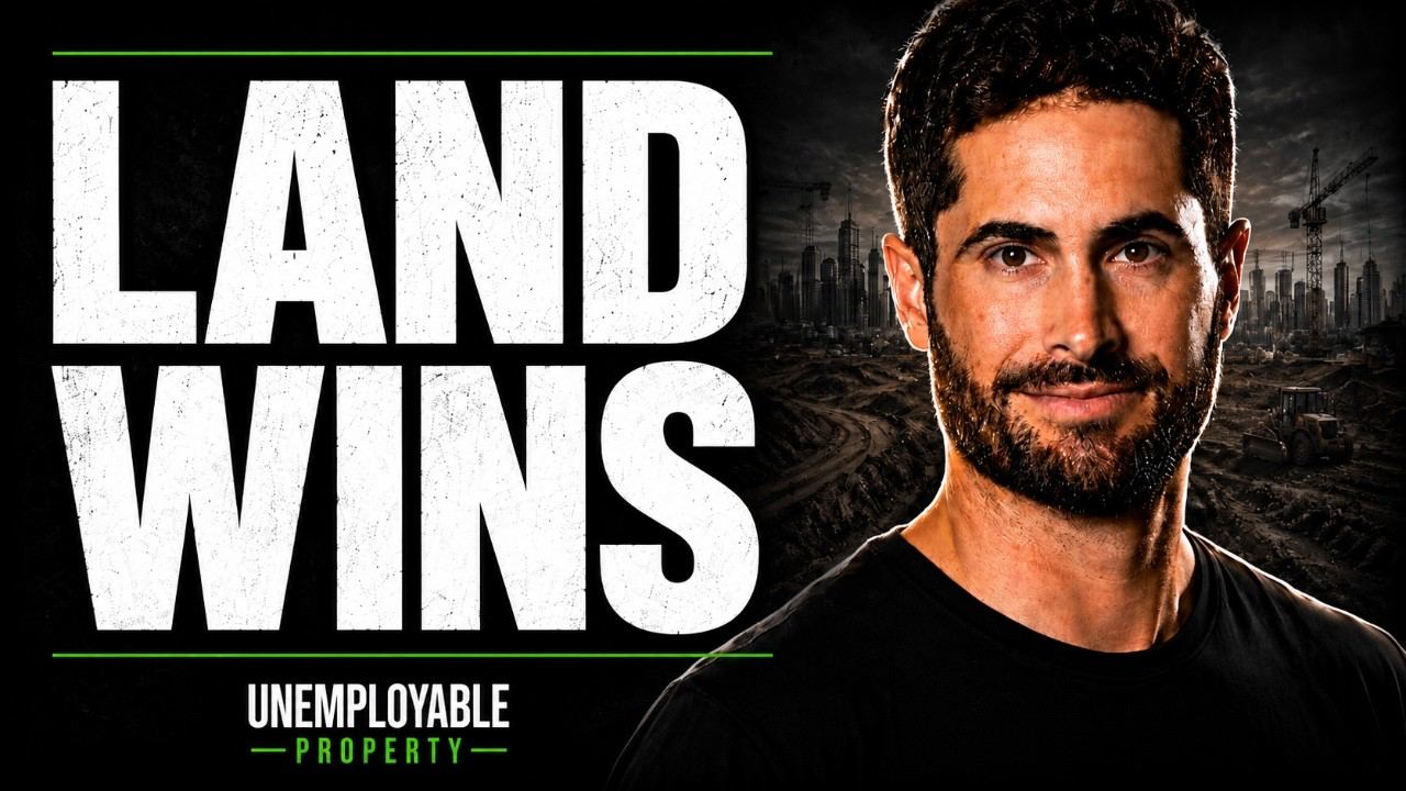 Ben Cutting: The First Property Mistake Most Investors Make - a dark-haired bearded man in a black t-shirt against a dusk skyline of tower cranes, under the overlay text Land Wins.