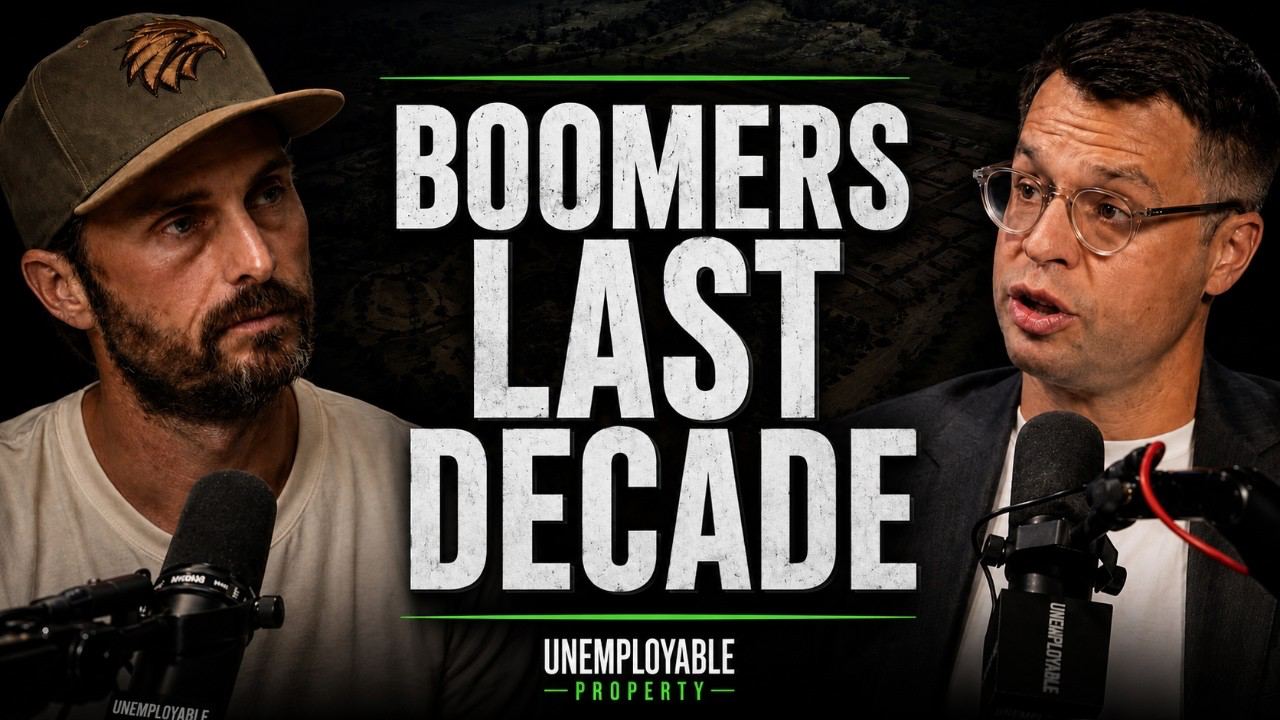 What happens to Australian property when the baby boomers start dying - a bearded host in a cap facing a guest in glasses across studio microphones, under the overlay text Boomers Last Decade.
