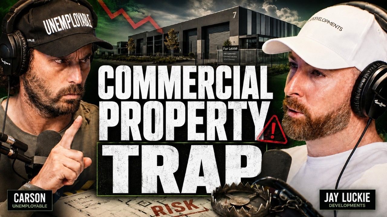 The Hidden Risks In Commercial Property Development - host Carson Bolt raising a finger on one side and guest Jay Luckie on the other, a vacant industrial warehouse and a falling graph between them beside a warning triangle and a bear trap, under the overlay text Commercial Property Trap.