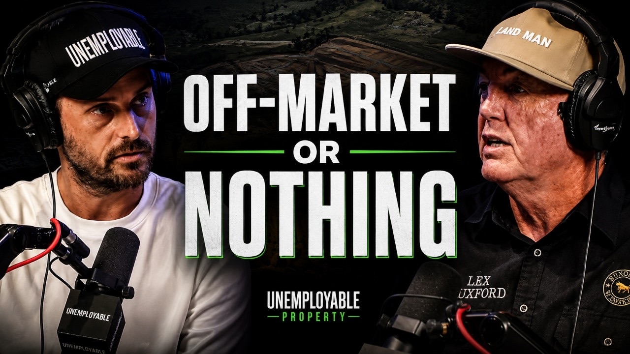 Two men in headphones facing each other across studio microphones, one in an Unemployable cap and one in a Land Man cap, under the overlay text Off-Market Or Nothing.